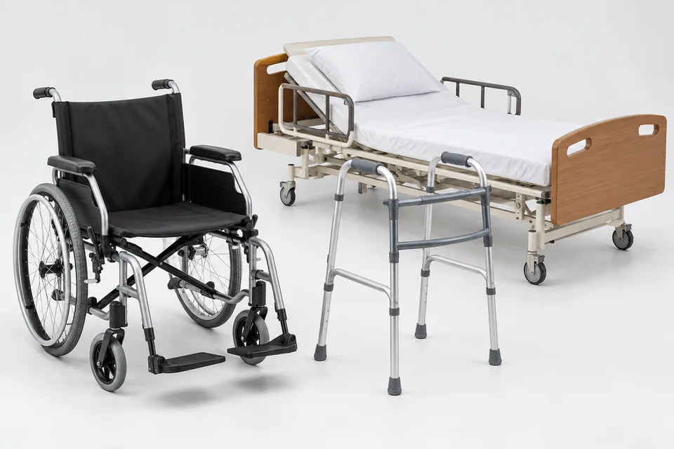Mobility equipment including a wheelchair, walker, and hospital bed